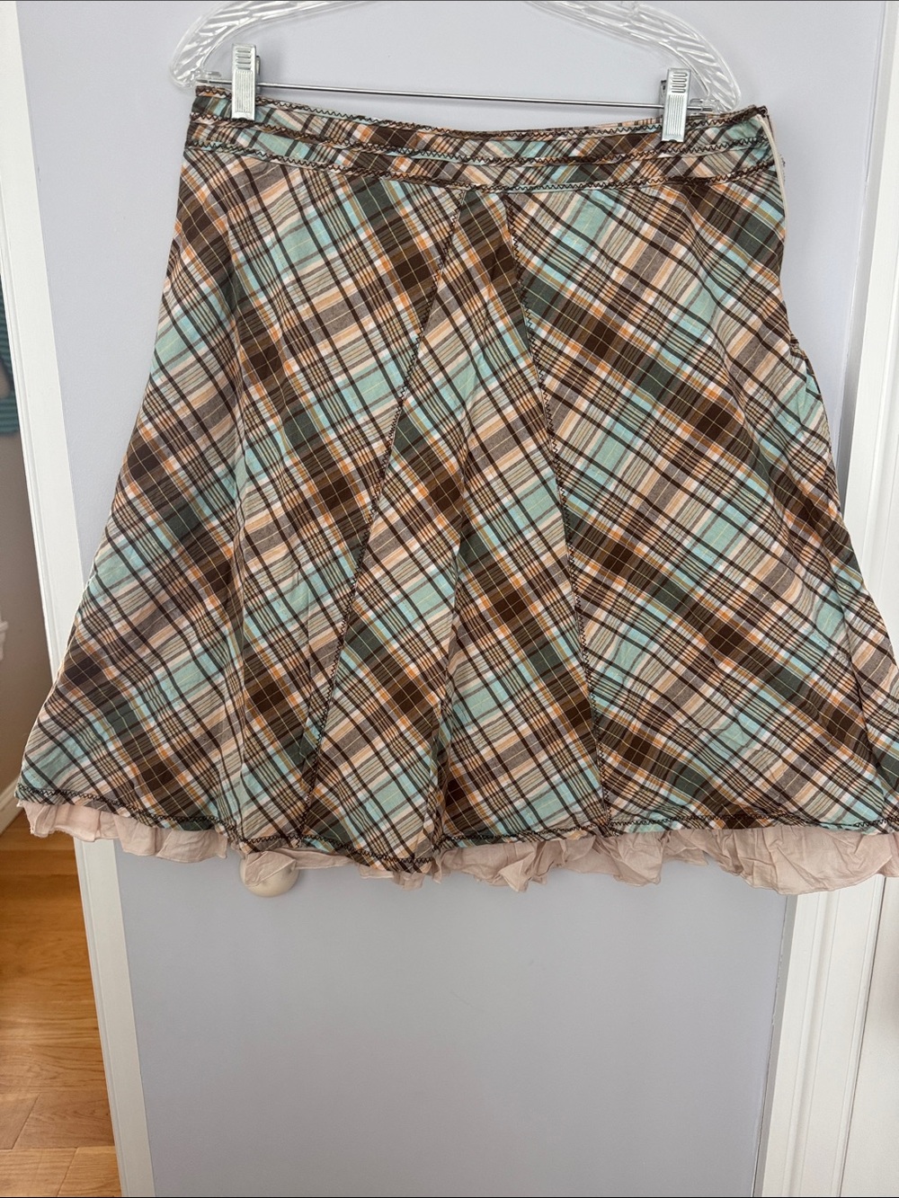 Vintage Plaid A-Line Skirt in Brown & Mint with Ruffle Hem